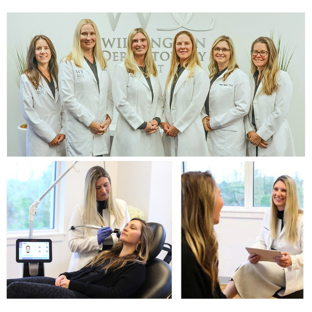 Wilmington Dermatology Center Providers | Compassionate Skin Care Specialists in Wilmington NC Wilmington Dermatology Center providers and staff posing for a group photo at the clinic, offering personalized dermatology and aesthetic treatments in Wilmington North Carolina